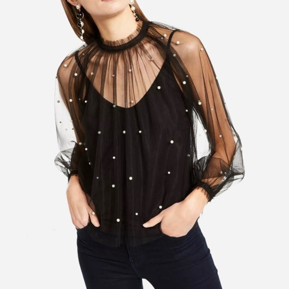INC International Concepts Tops - 🌸New🌸 Embellished Sheer Mock Top Black INC Sz S